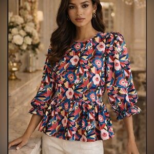 JADE MELODY TAM Floral Print Peplum‎ Blouse Top Womens S Square Neck 3/4 Sleeve